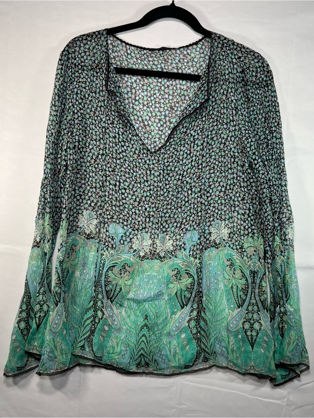 Elie Tahari Hamden Tunic Silk Sheer Paisley Floral Blouse Pool Nutmeg E04MC505 L - Picture 1 of 8